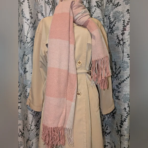 🩷Blush & Cream Plaid Shawl, Poncho, Extra-Wide Scarf, Wrap, Blanket - Picture 7 of 8